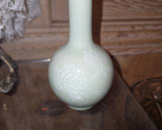 Celadon Glazed Porcelain Vase with Incised Peony Motif