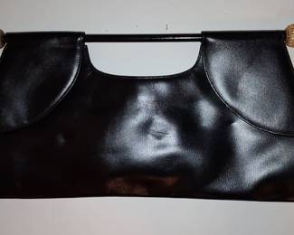 Vintage Black Leather Structured Clutch with Ball Finials