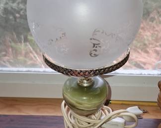 Vintage Green Onyx Boudoir Lamp with Frosted Etched Globe Shade