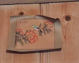 Vintage Chinese Watercolor Painting of Bird on Flowering Branch