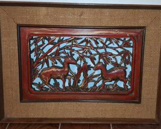 Vintage Chinese Carved Wood Panel with Deer and Bamboo
