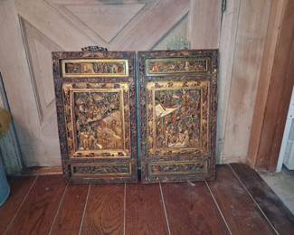 Pair of Chinese Gilt Wood Architectural Carved Panels