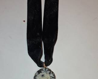 Vintage Black Velvet Choker Necklace with Floral Cameo Pendant