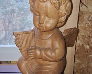 Vintage Hand-Carved Wooden Cherub with Harp