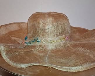 Vintage Wide-Brimmed Straw Sun Hat with Ribbon and Bead Embroidery