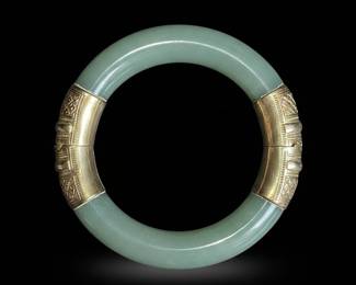 Vintage Jadeite and 14K Gold Hinged Bangle Bracelet