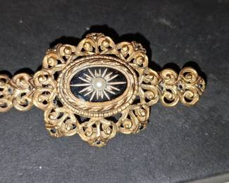 Victorian Revival Sphinx Brooch with Black Glass and Pearl