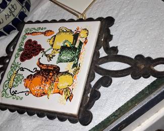 Vintage Cast Iron and Ceramic Tile Trivet with Teapot and Kettle Graphic