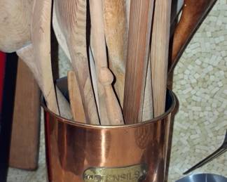 Vintage Copper Utensil Holder with Assorted Wooden Utensils