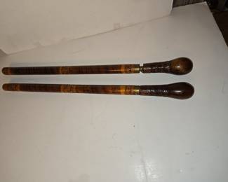 Pair of Vintage Hand-Carved Wooden Walking Sticks with Floral Motifs