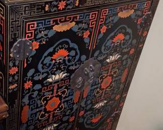 Vintage Chinese Export Black Lacquer Cabinet with Polychrome Floral Motifs