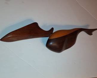 Mid-Century Modern Abstract Wood Sculpture Set - Whale and Abstract Form