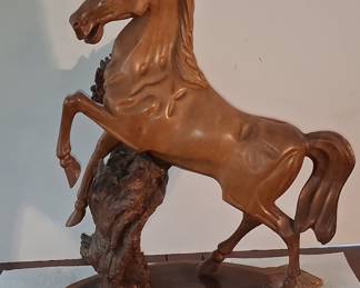 Hand-Carved Rearing Horse Sculpture 19"x17"
