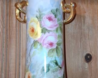 Antique Austrian Porcelain Hand-Painted Rose Vase with Gilded Handles 13" tall