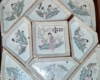 Chinese Famille Rose Nine-Piece Sweet Meat Set in Wooden Box