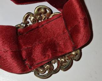 Vintage Filigree Brooch with Red Glass Stones on Velvet Ribbon Choker