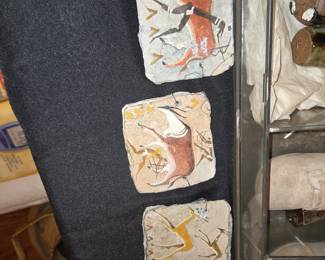 Vintage Hand-Painted Stone Wall Plaques - Desert Antelope Hunt Scene