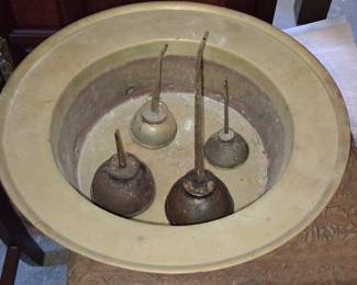 Vintage Brass Jardiniere with Vintage Oil Cans