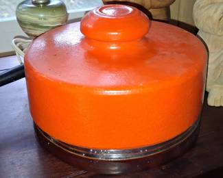 Mid-Century Modern Orange Ceramic Cheese Keeper or Covered Dish