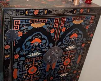 Vintage Chinese Export Black Lacquer Cabinet with Polychrome Floral Motifs