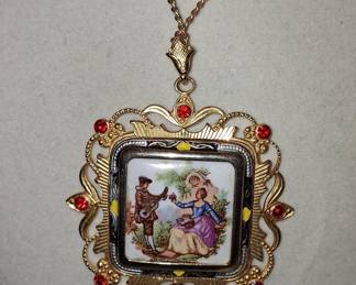 Vintage Fragonard Style Courting Couple Porcelain Pendant Necklace