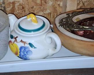 Vintage Ceramic Teapot with Fruit Motifs and Frosted Glass Lamp Shade