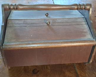 Vintage Wooden Sewing Caddy with Spindle Handle and Double Hinged Lids