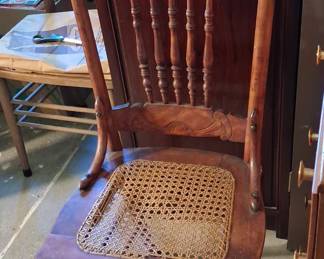 Victorian Era Oak Press-Back Spindle Chair with Cane Seat
