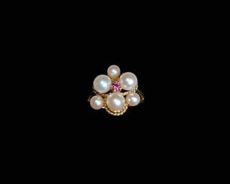 Vintage Pearl and Ruby Cluster Ring