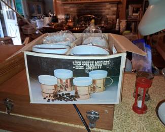Vintage Baker Hart & Stuart 4-Piece Copper and Ceramic Coffee Mug Set