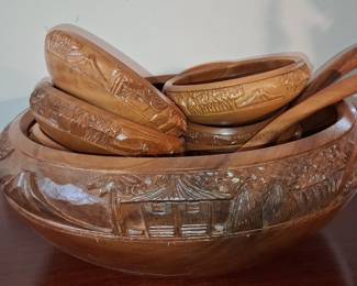 Vintage Hand-Carved Monkey Pod Wood Salad Serving Set with Village Scene