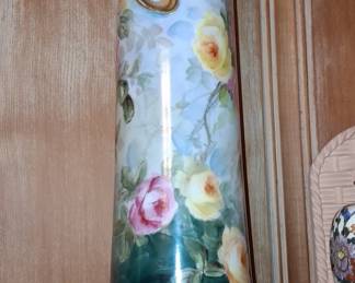 Antique Austrian Porcelain Hand-Painted Rose Vase with Gilded Handles 13" tall