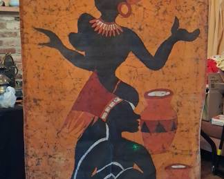 African Batik Wall Hanging with Figures and Vessels