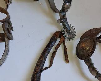 Collection of Vintage Western Spurs and Leather Quirt, including California Style