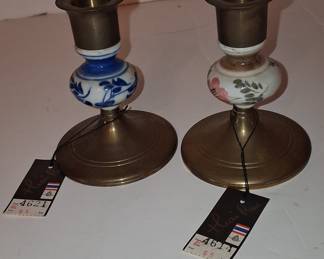Vintage Thai Brass and Porcelain Candlesticks