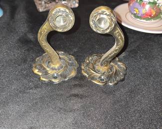 Pair of Vintage Ornate Brass Curtain Tiebacks with Floral Rosette Base