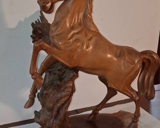 Hand-Carved Rearing Horse Sculpture 19"x17"