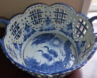 Hand Painted Blue and White Reticulated Fruit Bowl with Crane Motif