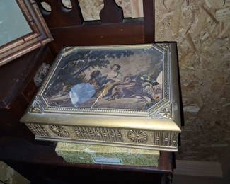 Vintage Decorative Keepsake Box with Pastoral Scene and Mirror