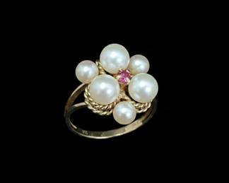 Vintage Pearl and Ruby Cluster Ring