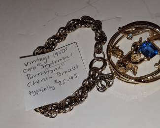 Vintage Coro September Birthstone Cherub Charm Bracelet