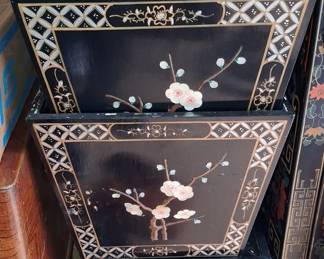 Pair of Vintage Chinese Export Style Black Lacquer Planters with Stands