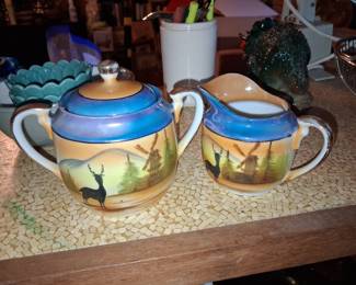 Vintage Hand Painted Nippon Sugar and Creamer Set with Windmill and Deer Motif