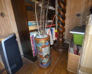 Japanese Satsuma-style Ceramic Umbrella Stand with Court Figures