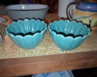 Vintage Turquoise Scalloped Ruffled Bowls (Set of 2)