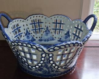 Hand Painted Blue and White Reticulated Fruit Bowl with Crane Motif