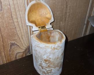 Vintage Hand Carved Soft Wood Wooden Cylinder Jar with Lid