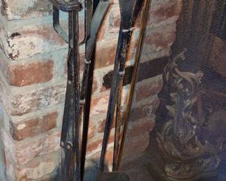Vintage Hand-Forged Wrought Iron Fireplace Tool Set with Floral/Leaf Motifs
