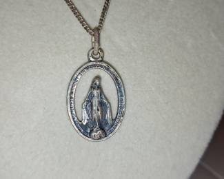 Antique French Miraculous Medal Necklace, 1930s Silver Religious Pendant