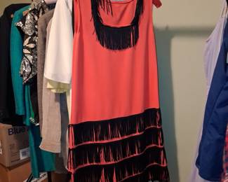 Vintage-Inspired Coral Flapper Dress with Black Fringe